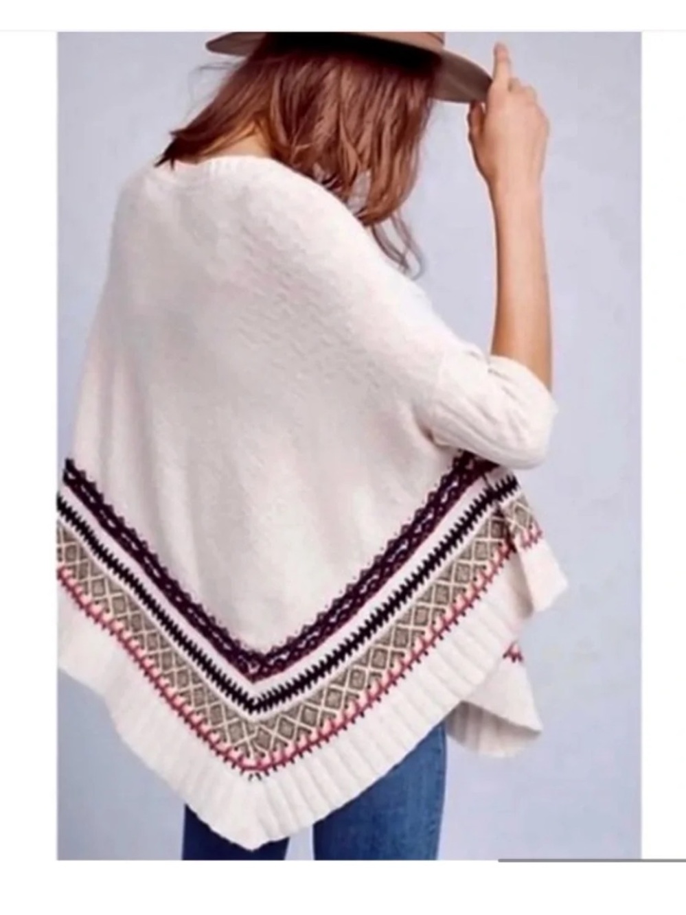 Anthropologie Sleeping on Snow Cream Poncho Sweater with Multicolor Pattern